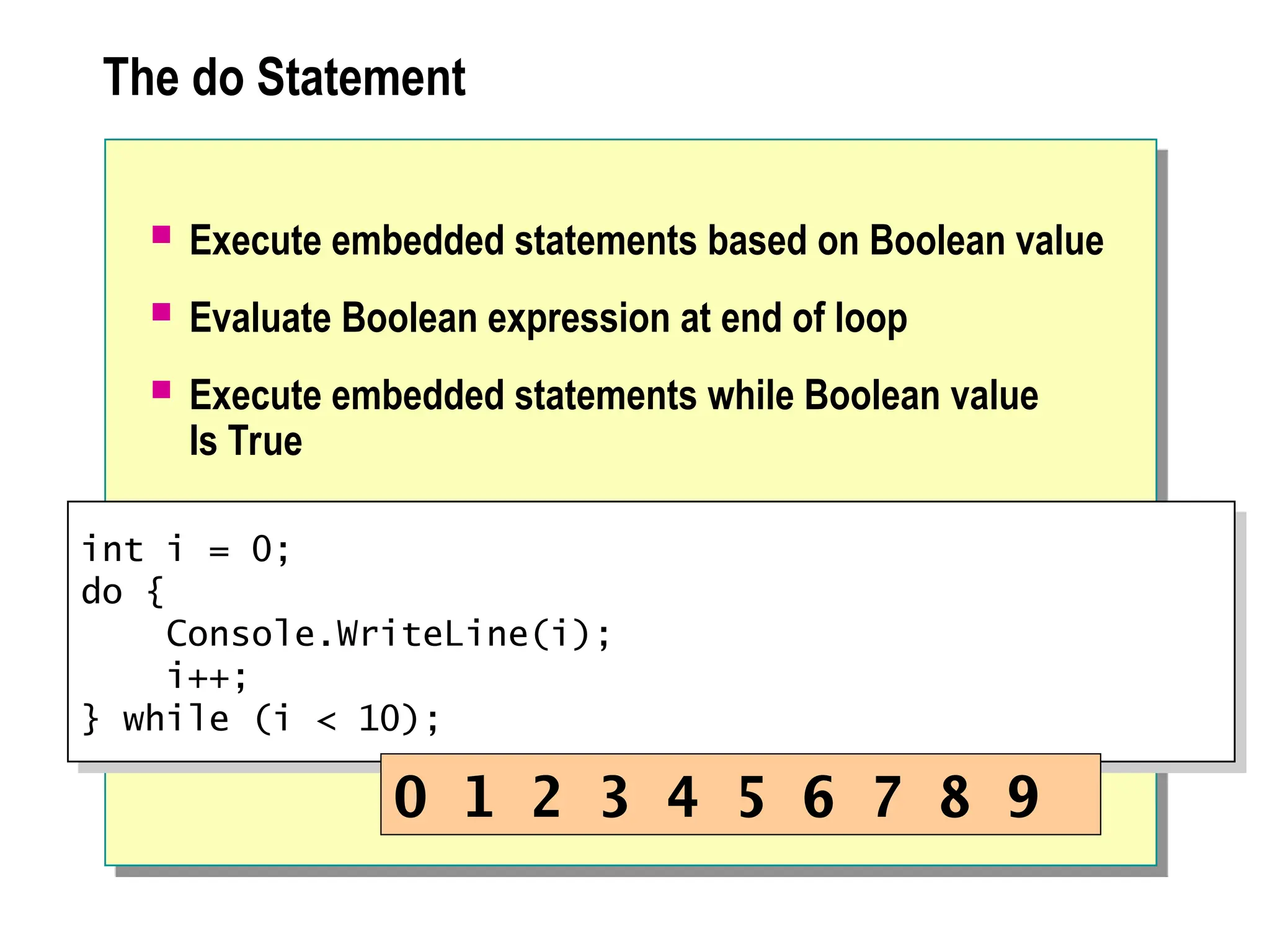 The do Statement
 Execute embedded statements based on Boolean value
 Evaluate Boolean expression at end of loop
 Execute embedded statements while Boolean value
Is True
int i = 0;
do {
Console.WriteLine(i);
i++;
} while (i < 10);
0 1 2 3 4 5 6 7 8 9
 