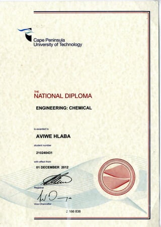 Cape Peninsula
University of Technology
THE
NATIONAL DIPLOMA
ENGINEERING: CHEMICAL
is awarded to
AVIWE HLABA
student number
210240431
with effect from
01 DECEMBER 2012
2166838
 