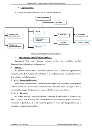 Modélisation et optimisation de l’approvisionnement

             4. Organigramme :

        L’organigramme général de la société se présente comme suit :

                                                  générale
                                        Direction générale


                                                                     Secrétariat




                                    S. Achats

S. Logistique &                                                           S. Production        S. Laboratoire
ordonnancement

                                    S. Administration &
                                    Comptable
                                                                          S. Technique         S. Assurance Qualité
S. Magasin &
approvisionnement                   S. Personnel



                               Figure 2 : Organigramme de Fromagerie Bel Maroc

      III.    Descriptions des différents services :
        Fromagerie BEL Maroc possède plusieurs services qui contribuent au bon
  fonctionnement de la structure de l’entreprise :
  1. Direction :
        La direction assure à la fois l’ensemble des taches liées à la gestion et l’organisation de
  l’entreprise, afin d’atteindre les objectifs fixés, et la coordination entre les différents services
  de production et d’administration.
  2. Service Ressources Humaines :
        Etant donné que la réussite d’une entreprise ne dépend pas uniquement de ses moyens
  techniques mais aussi de son capital humain, le service personnel est un service pivot dans la
  réussite de la stratégie de l’entreprise et joue un rôle décisif dans son évolution.
  3. Service Technique :
        Ce service prend en charge la maintenance technique de tout le matériel de l’entreprise.
  Ainsi, il joue un rôle primordial dans l’amélioration du fonctionnement de tous les services,
  notamment la production, et ce en évitant les pannes, et en assurant l’augmentation de la
  capacité de production des machines.




  Projet de Fin d’Etudes                           17                  Année Académique 2008-2009
 