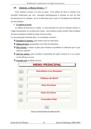 Modélisation et optimisation de l’approvisionnement

   III.    Solutions à Moyen Termes : [7]
      Cette Solution consiste à la mise en place d’un tableau de bord et création d’un
ensemble d'indicateurs qui vont renseignés périodiquement et destinés au suivi de l'état
d'avancement de la politique qu’on va déterminer par la suite et à l'évaluation de l'efficacité
de cette politique.
   1. Le tableau de bord:
      Le tableau de bord qu’on a réalisé va nous permettre de saisir les données relatives à
l’approvisionnement et à la gestion des stocks, nous donnera comme résultat l’état du tableau
de bord et permettra d’établir les plans d’actions à faire.
Le menu principal contiendra donc les commandes suivantes :
       Introduire les données pour mettre à jour les indicateurs.
       Tableau de bord qui permettra voir l’état des indicateurs
       Plan d’action à mettre en place pour résoudre un problème ou indicateur qui n’a pas
       attient les objectifs.
       Suivi des actions : pour consulter l’avancement des plans d’actions et si ces actions
       ont été efficaces ou non.
       Consulter état du tableau de bord.




                                Figure 24 : Menu Principale du Tableau de Bord.




Projet de Fin d’Etudes                             51                   Année Académique 2008-2009
 