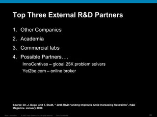 © 2007 Cisco Systems, Inc. All rights reserved. Cisco Confidential
Reza…Innovation… 26
Top Three External R&D Partners
1. Other Companies
2. Academia
3. Commercial labs
4. Possible Partners….
InnoCentives – global 25K problem solvers
Yet2be.com – online broker
Source: Dr. J. Duga and T. Studt, “ 2006 R&D Funding Improves Amid Increasing Restraints”, R&D
Magazine, January 2006
 