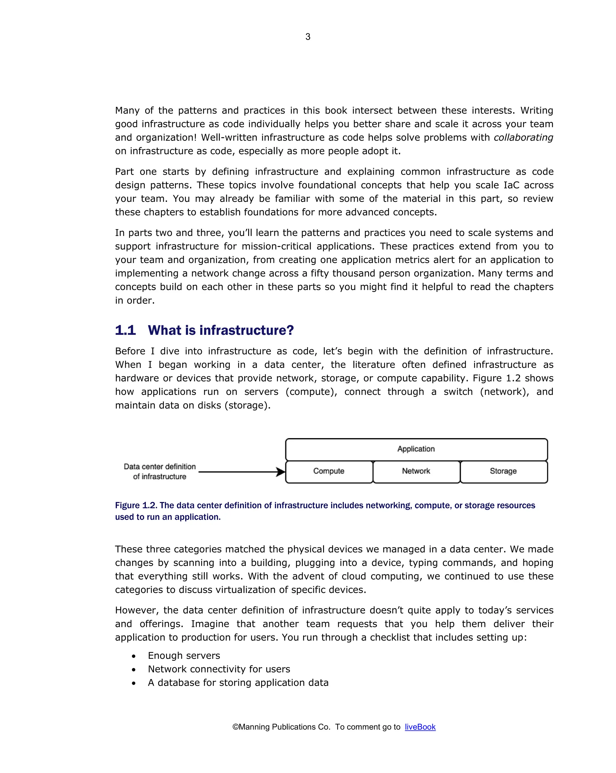 ©Manning Publications Co. To comment go to liveBook
Many of the patterns and practices in this book intersect between these interests. Writing
good infrastructure as code individually helps you better share and scale it across your team
and organization! Well-written infrastructure as code helps solve problems with collaborating
on infrastructure as code, especially as more people adopt it.
Part one starts by defining infrastructure and explaining common infrastructure as code
design patterns. These topics involve foundational concepts that help you scale IaC across
your team. You may already be familiar with some of the material in this part, so review
these chapters to establish foundations for more advanced concepts.
In parts two and three, you’ll learn the patterns and practices you need to scale systems and
support infrastructure for mission-critical applications. These practices extend from you to
your team and organization, from creating one application metrics alert for an application to
implementing a network change across a fifty thousand person organization. Many terms and
concepts build on each other in these parts so you might find it helpful to read the chapters
in order.
1.1 What is infrastructure?
Before I dive into infrastructure as code, let’s begin with the definition of infrastructure.
When I began working in a data center, the literature often defined infrastructure as
hardware or devices that provide network, storage, or compute capability. Figure 1.2 shows
how applications run on servers (compute), connect through a switch (network), and
maintain data on disks (storage).
Figure 1.2. The data center definition of infrastructure includes networking, compute, or storage resources
used to run an application.
These three categories matched the physical devices we managed in a data center. We made
changes by scanning into a building, plugging into a device, typing commands, and hoping
that everything still works. With the advent of cloud computing, we continued to use these
categories to discuss virtualization of specific devices.
However, the data center definition of infrastructure doesn’t quite apply to today’s services
and offerings. Imagine that another team requests that you help them deliver their
application to production for users. You run through a checklist that includes setting up:
• Enough servers
• Network connectivity for users
• A database for storing application data
3
 