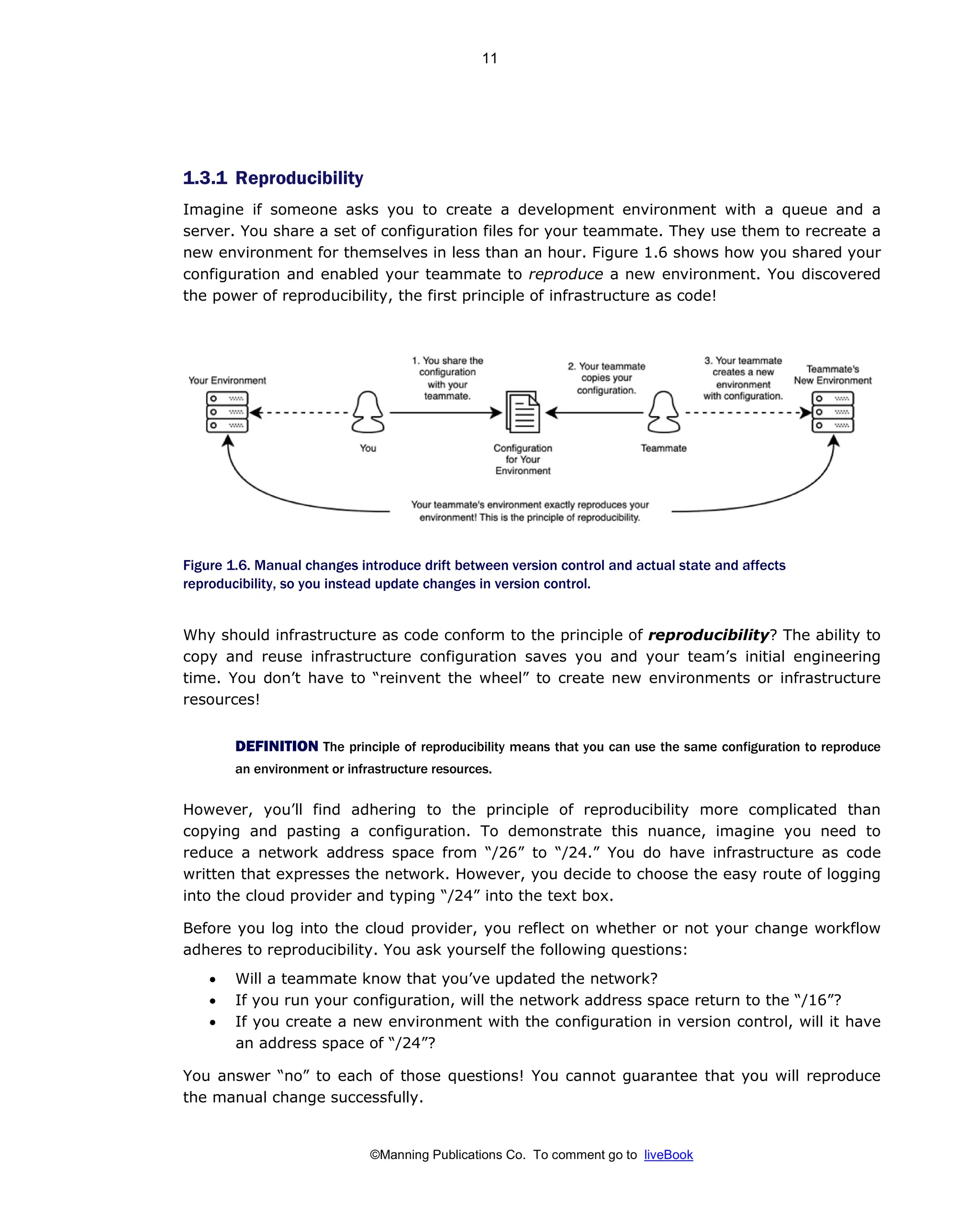 ©Manning Publications Co. To comment go to liveBook
1.3.1 Reproducibility
Imagine if someone asks you to create a development environment with a queue and a
server. You share a set of configuration files for your teammate. They use them to recreate a
new environment for themselves in less than an hour. Figure 1.6 shows how you shared your
configuration and enabled your teammate to reproduce a new environment. You discovered
the power of reproducibility, the first principle of infrastructure as code!
Figure 1.6. Manual changes introduce drift between version control and actual state and affects
reproducibility, so you instead update changes in version control.
Why should infrastructure as code conform to the principle of reproducibility? The ability to
copy and reuse infrastructure configuration saves you and your team’s initial engineering
time. You don’t have to “reinvent the wheel” to create new environments or infrastructure
resources!
DEFINITION The principle of reproducibility means that you can use the same configuration to reproduce
an environment or infrastructure resources.
However, you’ll find adhering to the principle of reproducibility more complicated than
copying and pasting a configuration. To demonstrate this nuance, imagine you need to
reduce a network address space from “/26” to “/24.” You do have infrastructure as code
written that expresses the network. However, you decide to choose the easy route of logging
into the cloud provider and typing “/24” into the text box.
Before you log into the cloud provider, you reflect on whether or not your change workflow
adheres to reproducibility. You ask yourself the following questions:
• Will a teammate know that you’ve updated the network?
• If you run your configuration, will the network address space return to the “/16”?
• If you create a new environment with the configuration in version control, will it have
an address space of “/24”?
You answer “no” to each of those questions! You cannot guarantee that you will reproduce
the manual change successfully.
11
 
