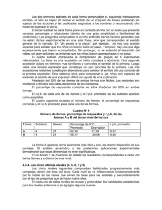 Los dos primeros subtests de cada forma comprueban si, siguiendo instrucciones
escritas, el niño es capaz de indicar el sentido de un conjunto de frases señalando los
sujetos de las acciones y las cualidades asignadas a los nombres o reconociendo otro
modo de expresar lo dicho.
El tercer subtest de cada forma pone en contacto al niño con un texto que presenta
variados personajes y situaciones (dentro de una gran simplicidad y familiaridad de
contenidos). Las preguntas comprueban si el niño entendió ciertos hechos generales que
no están dichos explícitamente en una sola frase, sino que corresponden al sentido
general de lo narrado. En "Un paseo a la playa", por ejemplo, no hay una oración
especial para señalar que los niños no fueron solos al paseo. Tampoco hay una que diga
expresamente que fueron acompañados. Sin embargo, si se entendió el desarrollo del
relato, sin gran esfuerzo, se entiende que los niños fueron acompañados y no solos.
El cuarto subtest comprueba la comprensión de grupos de 6 expresiones
relacionadas. La base es una expresión un tanto compleja y abstracta. Una segunda
expresión aclara en términos más familiares y concretos el sentido de la primera. Luego
viene una tercera expresión que constituye un uso concreto de la primera. Las tres
expresiones restantes constituyen alternativas para señalar el sentido del uso concreto de
la primera expresión. Este ejercicio sirve para comprobar si los niños son capaces de
entender el sentido de una expresión difícil con ayuda de una explicación.
Alrededor del 35% de los ítemes de ambas formas son fáciles. Los restantes son
medianos o difíciles con claro predominio de los medianos.
El porcentaje de respuestas correctas se sitúa alrededor del 60% en ambas
formas,
El r.p.b. de cada uno de los ítemes y el r.p.b, promedio de los subtests aparece
como aceptable.
El cuadro siguiente muestra el número de ítemes, el porcentaje de respuestas
correctas y el r.p.b. promedio para cada una de las formas,
Cuadro N° 4
Número de ítemes, porcentaje de respuestas y r,p,b, de las
formas A y B del tercer nivel de lectura
Forma

Subtests

ítemes

A
B

4
4

21
21

Porcentaje de R.C.
Promedio
Desviación
62,36
11,29
58,17
20,08

r.p.b. promedio
0,37
0,40

La forma A aparece como levemente más fácil y con una menor dispersión de sus
puntajes. El análisis estadístico y las posteriores aplicaciones experimentales
demostraron que estas diferencias no eran significativas.
En el Anexo 1 se muestran en detalle los resultados correspondientes a cada uno
de los ítemes y subtests de este nivel.
2.3.4. Los cinco últimos niveles (4, 5, 6, 7 y 8)
Los cinco niveles siguientes comprueban habilidades progresivamente más
complejas dentro del área del texto. Cada nivel se va diferenciando fundamentalmente
por la índole de los textos que sirven de base para los subtests y secundariamente
por el tipo de preguntas que se hacen sobre ellos.
En cada uno de estos niveles se revisan y profundizan las habilidades establecidas
para los niveles anteriores y se agregan algunas nuevas.

 