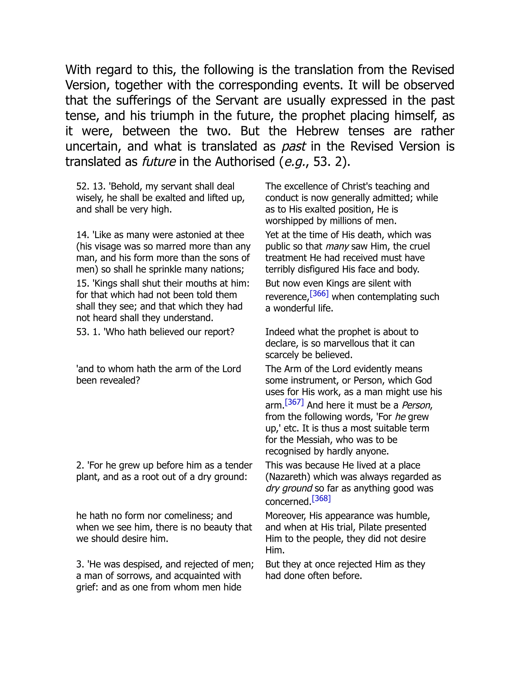 With regard to this, the following is the translation from the Revised Version, together with the corresponding events. It will be observed that the sufferings of the Servant are usually expressed in the past tense, and his triumph in the future, the prophet placing himself, as it were, between the two. But the Hebrew tenses are rather uncertain, and what is translated as past in the Revised Version is translated as future in the Authorised (e.g., 53. 2). 52. 13. 'Behold, my servant shall deal wisely, he shall be exalted and lifted up, and shall be very high. The excellence of Christ's teaching and conduct is now generally admitted; while as to His exalted position, He is worshipped by millions of men. 14. 'Like as many were astonied at thee (his visage was so marred more than any man, and his form more than the sons of men) so shall he sprinkle many nations; Yet at the time of His death, which was public so that many saw Him, the cruel treatment He had received must have terribly disfigured His face and body. 15. 'Kings shall shut their mouths at him: for that which had not been told them shall they see; and that which they had not heard shall they understand. But now even Kings are silent with reverence,[366] when contemplating such a wonderful life. 53. 1. 'Who hath believed our report? Indeed what the prophet is about to declare, is so marvellous that it can scarcely be believed. 'and to whom hath the arm of the Lord been revealed? The Arm of the Lord evidently means some instrument, or Person, which God uses for His work, as a man might use his arm.[367] And here it must be a Person, from the following words, 'For he grew up,' etc. It is thus a most suitable term for the Messiah, who was to be recognised by hardly anyone. 2. 'For he grew up before him as a tender plant, and as a root out of a dry ground: This was because He lived at a place (Nazareth) which was always regarded as dry ground so far as anything good was concerned.[368] he hath no form nor comeliness; and when we see him, there is no beauty that we should desire him. Moreover, His appearance was humble, and when at His trial, Pilate presented Him to the people, they did not desire Him. 3. 'He was despised, and rejected of men; a man of sorrows, and acquainted with grief: and as one from whom men hide But they at once rejected Him as they had done often before. 