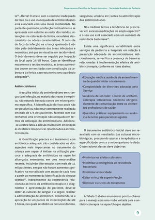 Departamento Científico de Terapia Intensiva • Sociedade Brasileira de Pediatria
9
le25
. Alerta! O atraso com o controle inadequado
do foco ou o uso inadequado de antimicrobianos
está associado com uma maior mortalidade. No
paciente queimado, a infecção habitualmente se
apresenta com celulite ao redor dos tecidos, al-
terações na coloração da ferida, exsudatos des-
coloridos ou odores característicos. O controle
do foco da infecção na criança queimada é ob-
tido pelo debridamento das áreas infectadas e
necróticas, até que se visualize um tecido viável.
O debridamento deve ser seguido por inspeção
do local após 24-48 horas. Caso se identifique
novamente o tecido necrótico, as áreas acometi-
das devem ser excisadas com a realização da co-
bertura da ferida, caso esta tenha uma aparência
adequada26
.
Antimicrobianos
A escolha inicial do antimicrobiano em crian-
ças com infecção, na maioria das vezes é empíri-
ca, não estando baseada contra um microrganis-
mo específico. A identificação do foco pode não
ser possível ou não estar corretamente realizada
em mais de 1/3 dos pacientes, fazendo com que
tenhamos uma orientação não adequada em ter-
mos da utilização do antimicrobiano. Adiciona-
-se a estes fatos a adesão muito ruim em relação
às diretrizes terapêuticas relacionadas à antibio-
ticoterapia.
A identificação precoce e o tratamento com
antibiótico adequado são considerados os dois
aspectos mais importantes no tratamento da
criança com sepse. A ênfase na utilização pre-
coce e adequada de antibióticos na sepse foi
alicerçada, entretanto, em uma meta-análise
recente, incluindo oito estudos com mais de 11
mil pacientes, em que não houve aumento signi-
ficativo na mortalidade com atraso de cada hora
a partir do momento da identificação do choque
séptico27
. Independente da controvérsia rela-
cionada ao início da antibioticoterapia e o diag-
nóstico e apresentação do paciente, deve-se
obter as culturas de sangue e a seguir, realizar
a administração de antibiótico. Recomenda-se a
aplicação de um pacote de intervenções de até
3 horas, nas quais se obtém as culturas (do foco,
sanguínea, urinária, etc.) antes da administração
dos antimicrobianos.
Nós médicos temos a tendência de prescre-
ver em excesso medicações de amplo espectro28
e o seu uso está associado com um aumento da
resistência bacteriana29
.
Existe uma significante variabilidade entre
serviços de pediatria e hospitais em relação à
prescrição adequada de antimicrobianos. Adi-
cionalmente, se verifica a presença de barreiras
relacionadas à implementação efetiva da anti-
bioticoterapia, conforme os itens abaixo:
•	Educação médica: ausência de entendimen-
to de quando iniciar o tratamento
•	Complexidade de diretrizes adotadas pelo
Serviço
•	Ausência de um líder: o início de antibioti-
coterapia intravenosa necessita obrigato-
riamente de comunicação entre os diferen-
tes profissionais de saúde
•	Questões práticas: equipamento ou ausên-
cia de leitos para pacientes agudos
O tratamento antibiótico inicial deve ser re-
avaliado com os resultados das culturas micro-
biológicas, procurando ajustar a terapêutica e a
especificidade contra o microrganismo isolado.
O uso racional destes deve objetivar:
•	Minimizar os efeitos colaterais
•	Minimizar a emergência de resistência
bacteriana
•	Minimizar a toxicidade
•	Evitar o risco de superinfecção
•	Diminuir os custos do tratamento
A Tabela 2 abaixo enumera os pontos-chaves
para o manejo com uma visão voltada para a an-
tibioticoterapia na sepse/choque séptico.
 