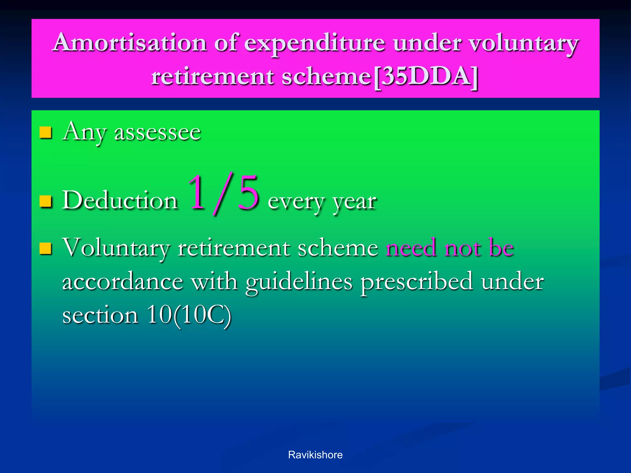 Amortisation of expenditure under voluntary
retirement scheme[35DDA]
 Any assessee
 Deduction 1/5every year
 Voluntary retirement scheme need not be
accordance with guidelines prescribed under
section 10(10C)
Ravikishore
 