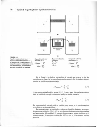 100 Capítulo3 Segunday terceraley de la termodinámica
FIGURA 3.5
Transferencia de calor q de un
depósito caliente a temperatura Tn a
un depósito más frío a temperatura Te:
a) transferencia irreversible a través de
una varilla metálica; b) transferencia
reversible a través de un gas ideal.
q-.~.~-q
a)
Compartimiento
aislado
b)
Expansión isotérmica
reversible en Th:
q,ev
65depósito = - -r,;
65 = q,ev
gas Th
Expansión adiabática
reversible:
Th~ Te
q,ev = O
65=0
Compresión isotérmica
reversible en Te:
q,ev
65depósito = Te
65 __ q,ev
gas - Te
En la figura 3.5 se indican los cambios de entropía que ocurren en los dos
depósitos y en el gas. Se ve que ambos depósitos, es decir, los alrededores, experi-
mentan un cambio neto de entropía de
q q
d Sdepósitos = - T + T
h e
(3.37)
y ésta es una cantidad positiva porque Th »T; El gas, o sea el sistema, ha experimen-
tado un cambio de entropía exactamente igual y en sentido contrario:
(3.38)
En consecuencia la entropía total no cambia, como ocurre en el caso de cambios
reversibles en un sistema aislado.
Por otra parte, para un cambio irreversible en el cual los depósitos se encuen-
tran en contacto térmico (Fig. 3.5a), no hay disminución de entropía compensadora
en la expansión del gas ideal. El aumento de entropía en ambos depósitos es el
mismo que para el proceso reversible (Ec. 3.37), y éste es el incremento total de
entropía.
 