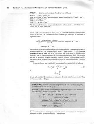 16 Capítulo 1 La naturaleza de la fisicoquímica y la teoría cinética de los gases
TABLA 1.1 Valores numéricos de R en diversas unidades
8.314 51 J K-1
mol " (unidad SI)
0.082057 atm dnr' K-1
mol " que generalmente aparece como 0.082 057 L atm K-1
mo¡-I*
8.31451 x 107
erg K-1
mol'
1.98719 cal K-1
mol "
0.083 145 1 bar drrr' K-1
mol "
*En el sistema SI el volumen se expresa en decímetros cúbicos (dnr'). La unidad más cono-
cida, el litro, se define como 1 dm3
.
dondeRes la constante universal de los gases. El valor de R dependerá de las unidades
en que se midan P y V. En términos de las variables que participan, R debe tener la
siguiente forma:
R
PV (fuerza/área)· volumen f lonzi d K-1 1-1
= - = = uerza· ongltu· . mo
nT mol K
= energía K-l. mol'
Se requieren diversas unidades de R para distintos propósitos, y algunos de los valores
más empleados para R se mencionan en la tabla 1.1. La ecuación 1.28 es la ecuación
de estado de un gas ideal, una de las expresiones más importantes en fisicoquímica.
Establece que en cualquier muestra de gas con comportamiento ideal, si se permite
que una de las cuatro variables (cantidad, presión, volumen o temperatura) cambie,
los valores de las otras tres variables serán tales que se mantendrá un valor constante
para R.
Se puede obtener una relación útil reordenando la ecuación 1.28 en la forma
P=!!..RT= m/M RT=~RT
V V M
(1.29)
o
RT
M=p-
P
donde n, la cantidad de sustancia, es la masa m dividida entre la masa molar" M, y
m/Ves la densidad p del gas.
EJEMPLO 1.2 Calcule la masa molar promedio de aire a nivel del mar y O°C
si la densidad del aire es 1.29 kg m-3
..
Solución A nivel del mar se considera que la presión es igual a una atmósfera
0101 325 Pa. Aplicado a la ecuación 1.29,
pRT 1.29kgm-3 x 8.3145JK-1 mol-I x 273.15K
M=-- = ---------~------
P 101325 N m-2 (o Pa)
1.29 kg m-3
x 8.3145kg m2
s-2 K-1
mor! x 273.15K
101325kgms-2
m-2
== 0.0289kg mor! = 28.9 g mor!
4 La masa molar es la masa dividida por la cantidad de sustancia. La masa molecular relativa de una
sustancia M, en general se llama peso molecular y es adimensional.
 