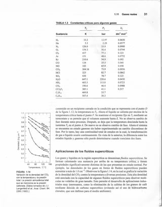 1.1
1.0
0.9
0.8
M
0.7
I
E
0.6()
en
a 0.5
"O
<1l
"O 0.4.¡¡;
e
~
al
0.3O
0.2
80atm
0.1
40 80 120 160
Temperatura, TrC
FIGURA 1.14
Variación de la densidad del C02
con la temperatura y la presión
total. La presión atmosférica total
que se menciona es la presión
calibrada. [Datos tomados de J.J.
Langenfeld et al., Anal. Chem. 64,
2265 (1992)]
1.11 Gases reales 31
TABLA 1.3 Constantes críticas para algunos gases
Te Pe Ve
Sustancia K bar dm3
mol"
H2 33.2 12.97 0.0650
He 5.3 2.29 0.0577
N2 126.0 33.9 0.0900
O2 154.3 50.4 0.0744
Ch 417 77.1 0.123
Ar 151 48.6 0.0752
Kr 210.6 54.9 0.092
CO 134 35.5 0.040
NO 183 65.9 0.058
CO2 304.16 73.9 0.0956
HCl 325 82.7 0.0862
S02 430 78.7 0.123
H20 647.1 220.6 0.0450
NH3 405.5 113.0 0.0723
CH4 190.6 46.4 0.0988
CChF2 385.1 41.1 0.217
CSH'2 469.8 33.7
C6H'4 507.4 30.3
contenido en un recipiente cerrado en la condición que se representa con el punto D
de la figura 1.12; la temperatura es T3' Ahora el líquido se calienta por encima de la
temperatura crítica hasta el punto F. Se mantiene el recipiente fijo en T5 mediante un
termostato y se permite que el volumen aumente hasta E. No se observa cambio de
fase durante estos procesos. Después, se deja que la temperatura descienda hasta la
isoterma T3 en el punto A. De nuevo no se observa cambio de fase. Ahora el sistema
se encuentra en estado gaseoso sin haber experimentado un cambio discontinuo de
fase. Por lo tanto, hay una continuidad total de estados en la cual, la transformación
de gas a líquido ocurre continuamente. En vista de lo anterior, la diferencia entre los
estados líquido y gaseoso sólo puede determinarse cuando coexisten dos fases.
Aplicaciones de los fluidos supercríticos
Los gases y líquidos en la región supercrítica se denominanfluidos supercriticos. Se
forman calentando una sustancia por arriba de su temperatura crítica, y tienen
propiedades significativamente distintas de las que presentan en estado normal. Por
ejemplo, las densidades de los gases en forma de fluidos supercríticos pueden
aumentar a más de 1.0 cm-3. Obsérvese la figura 1.14, en la cual se grafica la varíación
de la densidad del CO2 contra la temperatura a diversas presiones. Esta alta densidad
está asociada con la capacidad de algunos fluidos supercríticos para disolver molé-
culas no volátiles de gran tamaño. Esto permite el desarrollo de aplicaciones indus-
triales muy interesantes, como la eliminación de la cafeina de los granos de café
mediante dióxido de carbono supercrítico (evitando así el uso de hidrocarburos
cIorados, que son dañinos para el medio ambiente).
 