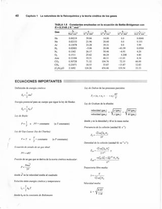 40 Capítulo 1 La naturaleza de la fisicoquímica y la teoría cinética de los gases
TABLA 1.5 'Constantes empleadas en la ecuación de Bettie-Bridgeman con
R = 8.3145 J K-1
mor'
Gas
A. a B. b e
Pam
1
mol
2
10"m'mor' 10-1 m3mor1
10"m'mor' 10m
3
K
3
mor
1
He 0.00219 59.84 14.00 0.0 0.0040
Ne 0.02153 21.96 20.60 0.0 0.101
AI 0.13078 23.28 39.31 0.0 5.99
H2 0.02001 -5.06 20.96 -43.59 0.0504
N2 0.1362 26.17 50.46 -6.91 4.20
O2 0.1511 25.62 46.24 4.208 4.80
Aire 0.13184 19.31 46.11 -11.01 4.34
CO2 0.50728 71.32 104.76 72.35 66.00
C~ 0.23071 18.55 55.87 -15.87 12.83
(C2Hs)20 3.1692 124.26 454.46 119.54 33.33
ECUACIONES IMPORTANTES
Definición de energía cinética: Ley de Dalton de las presiones parciales:
1 2
Ek=-mu
2
Energía potencial para un cuerpo que sigue la ley de Hooke:
Ley de Graham de la efusión:
1
E =-kh~
p 2 ,velocidad (gasl)
velocidad (gas2)
Ley de Boyle:
1
P oc - o P V = constante
V
donde p es la densidad y M es la masa molar.
(a T constante)
Frecuencia de la colisión (unidad SI: S-I):
Ley de Gay-Lussac (ley de Charles):
V
VOC T o - = constante (a P constante)
T
:'.,
,~
Densidad de la colisión (unidad SI: m'? S-I):
Ecuación de estado de un gas ideal:
PV=nRT
fi7fdluANl
ZAA= y
2 V2
7fd18(~ + üf¡)1/2 NA NB
~8=--------------
V2
Presión de un gas que se deriva de la teoría cinética molecular:
Nmu
2
P=--
3V
Trayectoria libre media:
donde ~ es la velocidad media al cuadrado
Relación entre energía cinética y temperatura:
Velocidad media:
donde ks es la constante de Boltzmann.
 