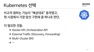 비교적 원하는 기능이 “예상대로” 동작했고,
현 시점에서 가장 앞선 구현체 중 하나로 판단.
더 필요한 것들.
 Docker API, Orchestration API
 External Traffic (Discovery, Forwarding)
 Multi-Cluster 관리
 …
27
Kubernetes 선택
 