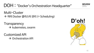 DOH : “Docker’s Orchestration Headquarter”
Multi-Cluster
 여러 Docker 클러스터 관리 (+ Scheduling)
Transparency
 kubernetes, swarm
Customized API
 Orchestration API
42
 