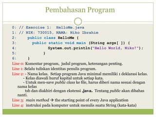 Pembahasan Program
0: // Exercise 1: HelloMe.java
1: // NIK: 730015, NAMA: Niko Ibrahim
2: public class HelloMe {
3: public static void main (String args[ ]) {
4: System.out.println("Hello World, Niko!");
5: }
6: }
Line 0: Komentar program, judul program, keterangan penting.
Line 1: Selalu tuliskan identitas penulis program.
Line 2: - Nama kelas. Setiap program Java minimal memiliki 1 deklarasi kelas.
- Kelas diawali huruf kapital untuk setiap kata.
- Untuk men-save public class ke file, harus diberi nama sesuai dengan
nama kelas
tsb dan diakhiri dengan ekstensi .java. Tentang public akan dibahas
nanti.
Line 3: main method  the starting point of every Java application
Line 4: instruksi pada komputer untuk menulis suatu String (kata-kata)
 
