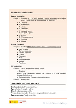CRITERIOS DE CORRECCIÓN
Máxima puntuación:
Código 2: Se refiere A LOS DOS: aviones Y naves espaciales (en cualquier
orden). [Puede incluir las dos respuestas en una línea.]
• 1. Aeroplano.
• 2. Nave espacial.
• 1. Aviones.
• 2. Astronaves.
• 1. Transporte aéreo.
• 2. Transporte espacial.
• 1. Jumbos.
• 2. Cohetes espaciales.
• 1. Reactores.
• 2. Cohetes.
Puntuación parcial:
Código 1: Se refiere ÚNICAMENTE a los aviones o a las naves espaciales.
•
•
•
•
•
•
•
•
•

Nave espacial.
Transporte espacial.
Cohetes espaciales.
Cohetes.
Aeroplano.
Avión.
Transporte aéreo.
Jumbos.
Reactores.

Sin puntuación:
Código 0: Da una respuesta insuficiente o vaga.
• Dirigibles.
Muestra una comprensión inexacta del material o da una respuesta
inverosímil o irrelevante.
• Trajes espaciales. [No es un medio de transporte].
Código 9: Sin respuesta.

CARACTERÍSTICAS DE LA PREGUNTA
Clasificación textual: Texto discontinuo.
Tipo de textos: Descriptivo gráfico.
Situación: Lectura de uso público
Proceso de comprensión: Obtención y recuperación de la información.
Tipo de respuesta: Abierta construida.

Más información: http://www.mecd.gob.es/inee

 