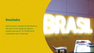 Resultados
Estima-se que a presença da Apex-Brasil na
CIIE gerou 3.626 rodadas de negócios,
atraindo cerca de U$ 173.789.000,00 de
investimento para o nosso país.
 