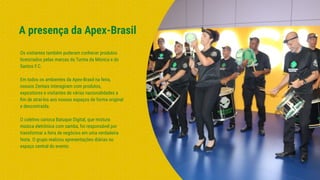 Os visitantes também puderam conhecer produtos
licenciados pelas marcas da Turma da Mônica e do
Santos F.C.
Em todos os ambientes da Apex-Brasil na feira,
nossos Zentais interagiram com produtos,
expositores e visitantes de várias nacionalidades a
ﬁm de atraí-los aos nossos espaços de forma original
e descontraída.
O coletivo carioca Batuque Digital, que mistura
música eletrônica com samba, foi responsável por
transformar a feira de negócios em uma verdadeira
festa. O grupo realizou apresentações diárias no
espaço central do evento.
A presença da Apex-Brasil
 