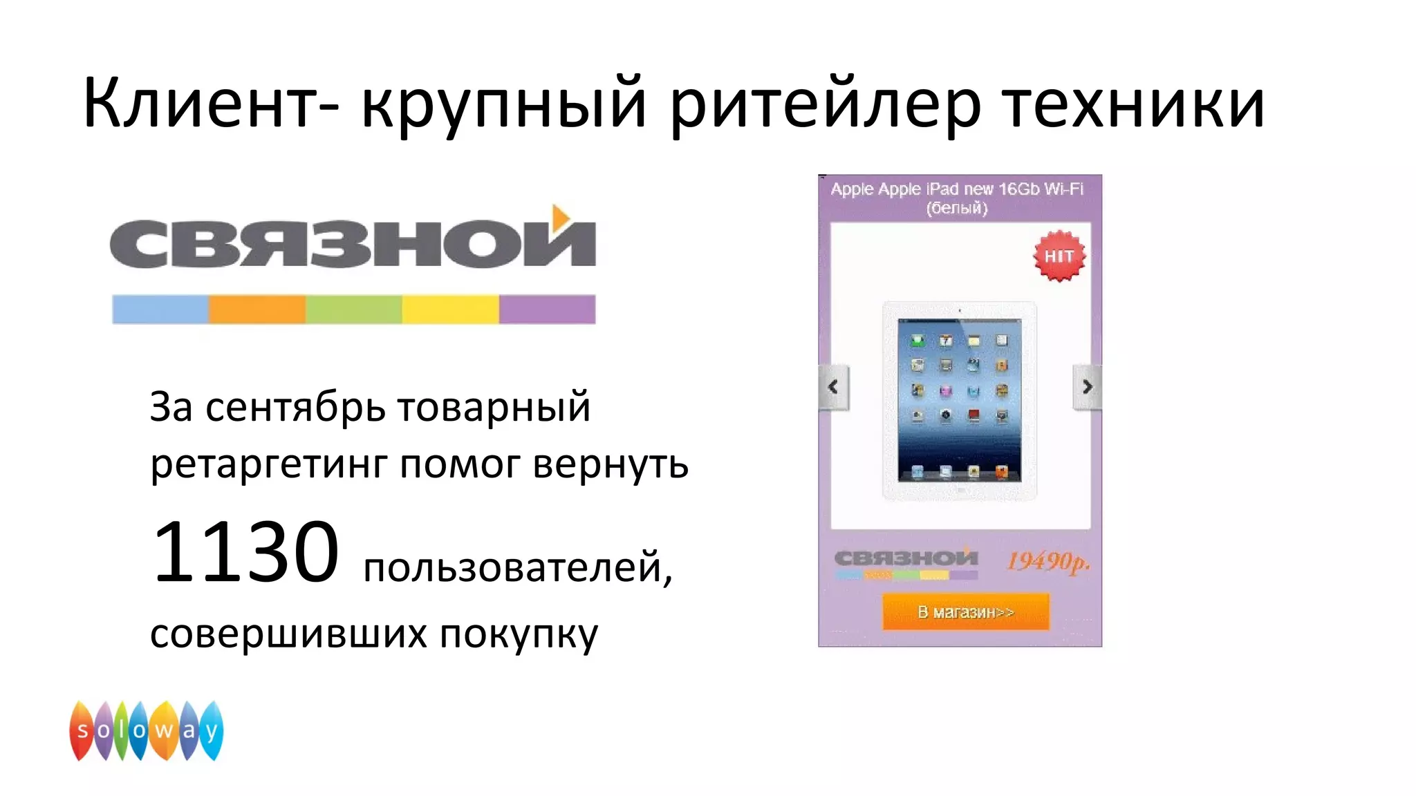 Клиент- крупный ритейлер техники
За сентябрь товарный
ретаргетинг помог вернуть
1130 пользователей,
совершивших покупку
 