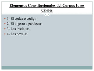 Elementos Constitucionales del Corpus Iures
Civiles
 1- El codex o código
 2- El digesto o pandectas
 3- Las institutas
 4- Las novelas
 