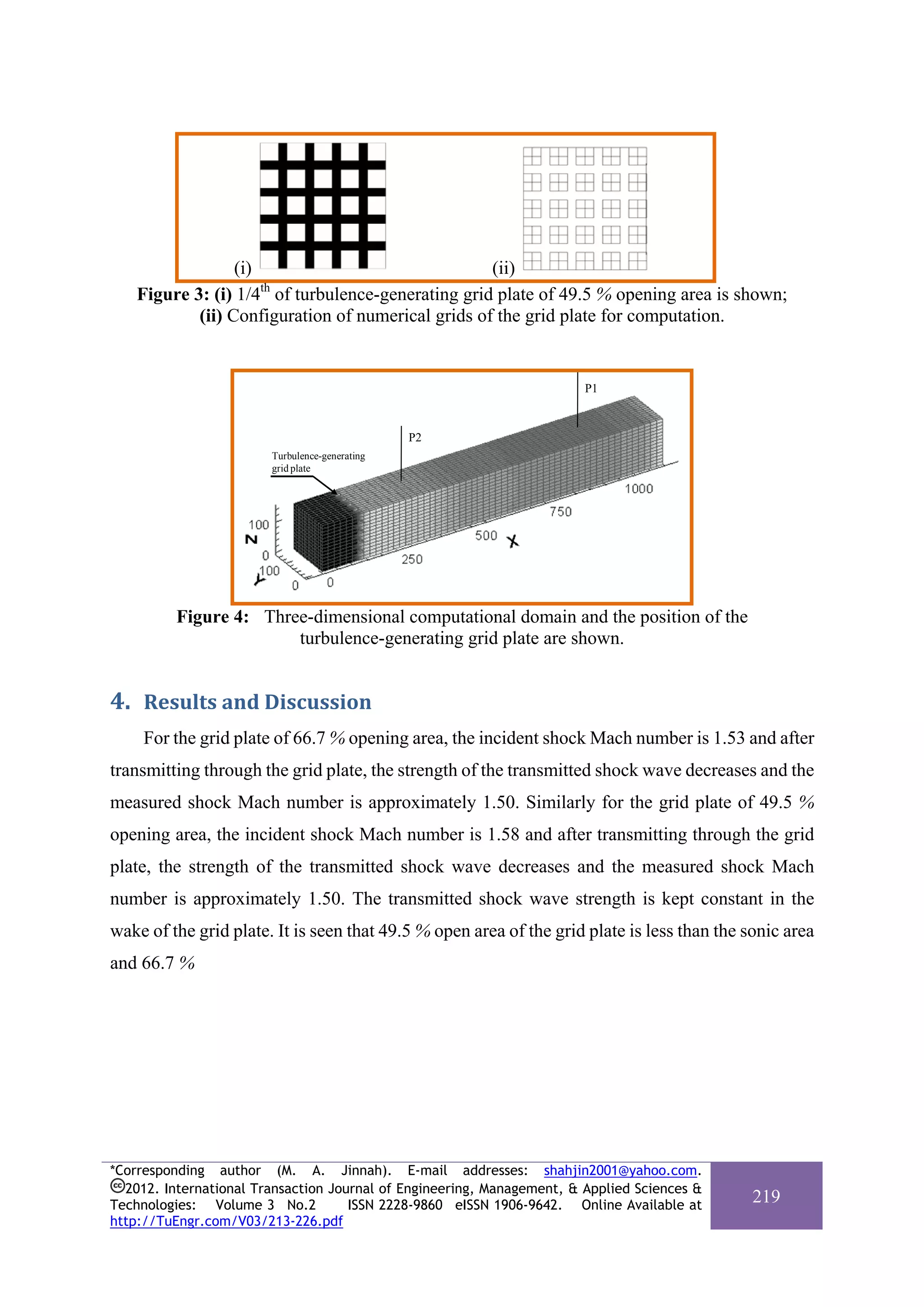 (i)                               (ii)
                      th
    Figure 3: (i) 1/4 of turbulence-generating grid plate of 49.5 % opening area is shown;
            (ii) Configuration of numerical grids of the grid plate for computation.


                                                                        P1


                                                P2
                        Turbulence-generating
                        grid plate




          Figure 4: Three-dimensional computational domain and the position of the
                        turbulence-generating grid plate are shown.


4. Results and Discussion 
     For the grid plate of 66.7 % opening area, the incident shock Mach number is 1.53 and after
transmitting through the grid plate, the strength of the transmitted shock wave decreases and the
measured shock Mach number is approximately 1.50. Similarly for the grid plate of 49.5 %
opening area, the incident shock Mach number is 1.58 and after transmitting through the grid
plate, the strength of the transmitted shock wave decreases and the measured shock Mach
number is approximately 1.50. The transmitted shock wave strength is kept constant in the
wake of the grid plate. It is seen that 49.5 % open area of the grid plate is less than the sonic area
and 66.7 %




*Corresponding author (M. A. Jinnah). E-mail addresses: shahjin2001@yahoo.com.
  2012. International Transaction Journal of Engineering, Management, & Applied Sciences &
Technologies: Volume 3 No.2          ISSN 2228-9860 eISSN 1906-9642. Online Available at
                                                                                             219
http://TuEngr.com/V03/213-226.pdf
 