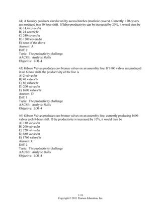 1-16
Copyright © 2011 Pearson Education, Inc.
44) A foundry produces circular utility access hatches (manhole covers). Currently, 120 covers
are produced in a 10-hour shift. If labor productivity can be increased by 20%, it would then be
A) 14.4 covers/hr
B) 24 covers/hr
C) 240 covers/hr
D) 1200 covers/hr
E) none of the above
Answer: A
Diff: 2
Topic: The productivity challenge
AACSB: Analytic Skills
Objective: LO1-4
45) Gibson Valves produces cast bronze valves on an assembly line. If 1600 valves are produced
in an 8-hour shift, the productivity of the line is
A) 2 valves/hr
B) 40 valves/hr
C) 80 valves/hr
D) 200 valves/hr
E) 1600 valves/hr
Answer: D
Diff: 1
Topic: The productivity challenge
AACSB: Analytic Skills
Objective: LO1-4
46) Gibson Valves produces cast bronze valves on an assembly line, currently producing 1600
valves each 8-hour shift. If the productivity is increased by 10%, it would then be
A) 180 valves/hr
B) 200 valves/hr
C) 220 valves/hr
D) 880 valves/hr
E) 1760 valves/hr
Answer: C
Diff: 2
Topic: The productivity challenge
AACSB: Analytic Skills
Objective: LO1-4
 