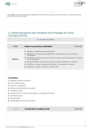 1 Os códigos assinalados a laranja correspondem a UFCD comuns a dois ou mais referenciais, ou seja, transferíveis
entre referenciais de formação.
1. Hardware e sistemas operativos
2. Transmissão de dados
3. Redes de computadores
4. Modelos e protocolos de comunicação
5. Tipologias de rede
6. Serviços de rede e organismos de gestão e normalização da internet
7. Servidores de rede
8. Servidores web
9. Configuração de servidores de internet
2. Desenvolvimento das Unidades de Formação de Curta
Duração (UFCD)
2.1. Formação Tecnológica
9948 Redes e protocolos multimédia 25 horas
Objetivos
1. Identificar o hardware e sistemas operativos.
2. Identificar os componentes, características e funcionalidades de um sistema de
comunicação.
3. Reconhecer o modelo de rede da Internet incluindo os principais protocolos implicados
na sua arquitetura.
4. Associar diferentes protocolos aos respetivos serviços e aplicações na Internet.
5. Identificar os principais organismos de gestão e normalização da Internet.
6. Caracterizar, instalar e configurar servidores web.
Conteúdos
9949 Construção de páginas web 25 horas
10 / 64
REFERENCIAL DE FORMAÇÃO | Técnico/a de Multimédia - Nível 4 | 08/04/2022
 