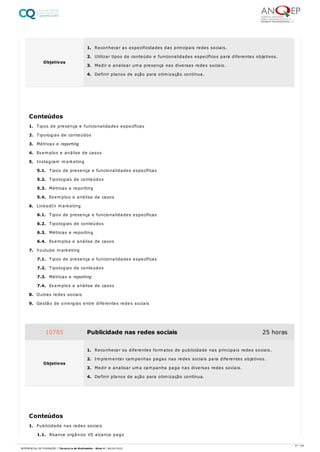 1. Tipos de presença e funcionalidades específicas
2. Tipologias de conteúdos
3. Métricas e reporting
4. Exemplos e análise de casos
5. Instagram marketing
5.1. Tipos de presença e funcionalidades específicas
5.2. Tipologias de conteúdos
5.3. Métricas e reporting
5.4. Exemplos e análise de casos
6. LinkedIn marketing
6.1. Tipos de presença e funcionalidades específicas
6.2. Tipologias de conteúdos
6.3. Métricas e reporting
6.4. Exemplos e análise de casos
7. Youtube marketing
7.1. Tipos de presença e funcionalidades específicas
7.2. Tipologias de conteúdos
7.3. Métricas e reporting
7.4. Exemplos e análise de casos
8. Outras redes sociais
9. Gestão de sinergias entre diferentes redes sociais
1. Publicidade nas redes sociais
1.1. Alcance orgânico VS alcance pago
Objetivos
1. Reconhecer as especificidades das principais redes sociais.
2. Utilizar tipos de conteúdo e funcionalidades específicos para diferentes objetivos.
3. Medir e analisar uma presença nas diversas redes sociais.
4. Definir planos de ação para otimização contínua.
Conteúdos
10785 Publicidade nas redes sociais 25 horas
Objetivos
1. Reconhecer os diferentes formatos de publicidade nas principais redes sociais.
2. Implementar campanhas pagas nas redes sociais para diferentes objetivos.
3. Medir e analisar uma campanha paga nas diversas redes sociais.
4. Definir planos de ação para otimização contínua.
Conteúdos
51 / 64
REFERENCIAL DE FORMAÇÃO | Técnico/a de Multimédia - Nível 4 | 08/04/2022
 
