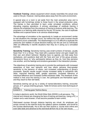 Vestibule Training: utilizes equipment which closely resembles the actual ones
used on the job. However, training takes place away from the work environment.

A special area or a room is set aside from the main production area and is
equipped with furnishings similar to those found in the actual production area.
The trainee is then permitted to learn under simulated conditions, without
disrupting ongoing operations. A primary advantage of vestibule training it
relieves the employee from the pressure of having to produce while learning. The
emphasis is on learning skills required by the job. Of course, the cost of duplicate
facilities and a special trainer is an obvious disadvantage.

The advantage of simulation is the opportunity to 'create an environment' similar
to real situations the manager incurs, but without the high costs involved should
the actions prove undesirable. The disadvantage is (i) it is difficult to duplicate the
pressures and realities of actual decision-making non the job and (ii) individuals
often act differently in real-life situations than they do in acting out a simulated
exercise.

Sensitivity Training: Sensitivity training uses small numbers of trainees, usually
fewer than 12 in a Group. They meet with a passive trainer and gain insight into
their own and others' behavior. Meeting have no agenda, are held away from
workplaces, and questions deal with the 'here and now' of the group process.
Discussions focus on 'why participants behave as they do, how they perceive
one another, and the feelings and emotions generated in the interaction process.

The objectives of sensitivity training are to provide the participants with increased
awareness of their own behavior and how others perceive them-greater
sensitivity to the behavior of others, and increased understanding of group’s
processes. Specific results sought include increased ability to empathize with
other, improved listening skills, greater openness, increased tolerance of
individual difference and increased conflict-resolution skills. The drawback of this
method is that once the training is over, the participants are themselves again
and they resort to their old habits.

Sensitivity training can go by a variety of names-laboratory training, encounter
groups, or T- groups (training groups). Table 9.9 shows some more techniques of
training.
Exhibit # 3 Training goes Techno-Savvy

In today’s electronic world, the World Wide Web (WWW) is all pervasive. The
internet and intranet are changing the face of training and learning. Using a PC, a
modem and a web browser, it has become possible to learn online.

Web-based courses through distance learning are virtual. An employee can
simply connect to the Internet study the syllabus options available, and enroll for
the courses electronically. He or she can then receive a. course work online and
even take tests and advance to the next level-all from his or her own house.
 