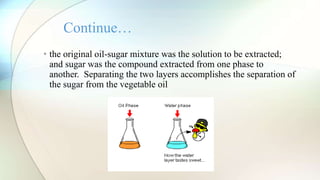 • the original oil-sugar mixture was the solution to be extracted;
and sugar was the compound extracted from one phase to
another. Separating the two layers accomplishes the separation of
the sugar from the vegetable oil
Continue…
 