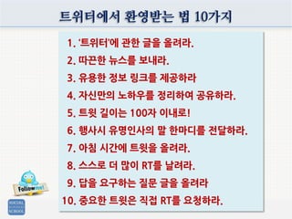 트위터에서 환영받는 법 10가지
1. ‘트위터’에 관한 글을 올려라.
2. 따끈한 뉴스를 보내라.
3. 유용한 정보 링크를 제공하라
4. 자신만의 노하우를 정리하여 공유하라.
5. 트윗 길이는 100자 이내로!
6. 행사시 유명인사의 말 한마디를 전달하라.
7. 아침 시간에 트윗을 올려라.
8. 스스로 더 많이 RT를 날려라.
9. 답을 요구하는 질문 글을 올려라
10. 중요한 트윗은 직접 RT를 요청하라.
 
