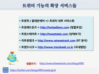 트위터 기능의 확장 서비스들
 트윗픽 / 올레온에어 => 트위터 내부 서비스화
 트윗애드온즈 = http://twitaddons.com (맞팔로잉)
 트윗스테이트 = http://tweetstats.com (상태보기)
 리트윗랭크 = http://www.retweetrank.com (RT 분석)
 트렌드시크 = http://www.trendseek.co.kr (국내랭킹)
http://www.retweetrank.com/letsgo999/샘플보기 :
https://twitter.com/letsgo999/media/grid
 