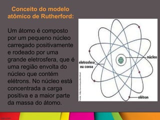 Conceito do modelo
atômico de Rutherford:
Um átomo é composto
por um pequeno núcleo
carregado positivamente
e rodeado por uma
grande eletrosfera, que é
uma região envolta do
núcleo que contém
elétrons. No núcleo está
concentrada a carga
positiva e a maior parte
da massa do átomo.
 