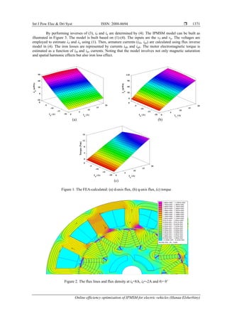 Int J Pow Elec & Dri Syst ISSN: 2088-8694 
Online efficiency optimization of IPMSM for electric vehicles (Hanaa Elsherbiny)
1371
By performing inverses of (3), id and iq are determined by (4). The IPMSM model can be built as
illustrated in Figure 3. The model is built based on (1)-(4). The inputs are the vd and vq. The voltages are
employed to estimate λd and λq using (1). Then, armature currents (ida, iqa) are calculated using flux inverse
model in (4). The iron losses are represented by currents idfe and iqfe. The motor electromagnetic torque is
estimated as a function of ida and iqa currents. Noting that the model involves not only magnetic saturation
and spatial harmonic effects but also iron loss effect.
(a) (b)
(c)
Figure 1. The FEA-calculated: (a) d-axis flux, (b) q-axis flux, (c) torque
Figure 2. The flux lines and flux density at iq=8A, id=-2A and θi= 0˚
 