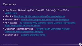 ©2019 Extreme Networks, Inc. All rights reserved
 Live Stream: Networking Field Day #20, Feb 14 @ 12pm PST –
Watch Here
 eBook – The Smart Guide to Automating Campus Networks
 Solution Brief – Automated Campus Solutions for the Enterprise
 At-A-Glance – 10 Reasons Why Extreme Fabric Connect Provides the
Right Foundation for Your Business
 Customer Testimonial Video – Novant Health Eliminates Network
Downtime with Shortest Path Bridging
 Solution Brief – Extreme Defender for IoT
16
Resources
 