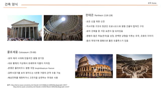 ??? Pantheon (118-128)
???? Colosseum (70-80)
-?? ?? ?? ??
-???? ??? ??? ?????? ?? ??? ??? ??
-?? ??? ? ?? ??? ? ????
-??? ?? ??(??)? ??, ??? ??? ??? ??, ??? ???
-?? ???? ???? ?? ????? ??
-?? ?? ??? ???? ?? ???
-?? ??? ???? ???? ??? ???
-??? ????? ?? ?? Amphitheatrum Flavium
-?????? ?? ???? 5?? ??? ?? ?? ??
-????? ????? ???? ???? ??? ??
?? ??
?? Rome
??: http://terms.naver.com/entry.nhn?docId=1157206&cid=40942&categoryId=33077
http://terms.naver.com/entry.nhn?docId=1150507&cid=40942&categoryId=32337
 