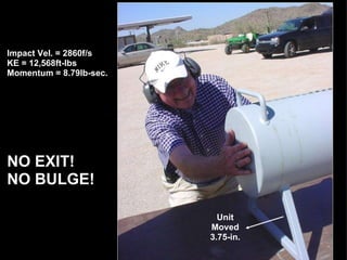 NO EXIT! NO BULGE! Impact Vel. = 2860f/s KE = 12,568ft-lbs Momentum = 8.79lb-sec. Unit Moved 3.75-in.