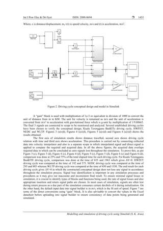 Int J Pow Elec & Dri Syst ISSN: 2088-8694 
Modelling and simulation of driving cycle using Simulink (S. K. Arun)
1453
Where, s is distance/displacement, m, v(t) is speed/velocity, m/s and (t) is acceleration, m/s2
.
Figure 2. Driving cycle conceptual design and model in Simulink
A “gain” block is used with multiplication of 1e-3 or equivalent to division of 1000 to convert the
unit of distance from m to KM. The unit for velocity is remained as m/s and the unit of acceleration is
converted from m/s2
to acceleration with gravitational force which is g-unit by multiplication of 1/9.80665.
The final 3 signals are connected to scope to be monitored and analyzed. Several established driving cycles
have been chosen to verify the conceptual design; Kuala Terengganu BasKITe driving cycle, HWFET,
NEDC and WLTP. Figures 3 (a)-(d), Figures 4 (a)-(d), Figures 5 (a)-(d) and Figures 6 (a)-(d) shows the
results obtained.
The first axis of simulation results shows distance travelled, second axis shows driving cycle
relation with time and third axis shows acceleration. This procedure is carried out by connecting collected
data into velocity interpolator and also to a separate scope in which interpolated signal and direct signal is
applied to compare the required and acquired data. In all the above figures, the acquired data overlaps
required data in which can be concluded as zero signals lost throughout the simulation. To prove this, as per
Figure 3 (c), Figure 3 (d), Figure 4 (c), Figure 4 (d), Figure 5 (c), Figure 5 (d), Figure 6 (c) and Figure 6 (d),
comparison was done at 25% and 75% of the total elapsed time for each driving cycle. For Kuala Terengganu
BusKITE driving cycle, comparison was done at the time of 655 and 1963 which gives ΔY=0. HWFET
driving cycle was compared at the time of 192 and 575. NEDC driving cycle was compared at the time of
295 and 885 whereas WLTP driving cycle was compared at the time of 450 and 1350. The end result for each
driving cycle gives ΔY=0 in which the constructed conceptual design does not lose any signal in accordance
throughout the simulation process. Signal lose identification is important in any simulation processes and
procedures as it may give out inaccurate and inconsistent final result. To ensure minimal signal losses in
simulation, it is crucial to identify types of blocks and functions being used, the rate of signal losses and also
appropriate insertion and return signal paths are chosen. In most cases of simulation, signals are often lost
during return process as a due part of the simulation consumes certain decibels of it during initialization. On
the other hand, the default input data into signal builder is in m/s, which is the SI unit of speed. Figure 7 are
some of the direct conversions using “gain” block. It is also advisable to convert the values in the Excel
datasheet before uploading into signal builder to ensure consistency of data points being generated and
simulated.
 