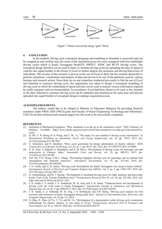  ISSN: 2088-8694
Int J Pow Elec & Dri Syst, Vol. 12, No. 3, September 2021 : 1450 – 1458
1456
Figure 7. Direct conversion using “gain” block
4. CONCLUSION
In the nutshell, driving cycle conceptual designing and modelling in Simulink is successful and can
be wrapped up and verified since the result of the simulation gives zero error compared with four established
driving cycles which is Kuala Terengganu BusKITE, HWFET, NEDC and WLTP driving cycles. The
conceptual design therefore can be used in future to simulate driving cycles by uploading the data of speed of
vehicles into signal builder in the format of Excel to further analyse the emissions and driving behaviours of
individuals. The novelty of this research is proven as the use of Excel in daily life has increase drastically to
perform calculation, visualization and analysis of data and proven to be one of the platforms used by various
business and research sectors. Since there are no any researches conducted previously to link the use of Excel
and Simulink to construct driving cycle, this opportunity was taken to design a conceptual modelling of
driving cycle in which the relationship of speed and time can be used to analyze various information required
by traffic engineers and environmentalists. In accordance, Excel had been chosen to be used in this research
as the data collected to construct driving cycle can be tabulated and simulated at the same time and directly
uploaded into signal builder of conceptual design to undergo required processes.
ACKNOWLEDGEMENTS
The authors would like to be obliged to Ministry of Education Malaysia for providing financial
assistance under FRGS 2020 (59623) grant and Faculty of Ocean Engineering Technology and Informatics,
UMT for all their technical and research support for this work to be successfully completed.
REFERENCES
[1] Institution of Mechanical Engineers, “Why simulation is on the up in the automotive sector,” 2020, February 24.
[Online]. Available: https://www.imeche.org/news/news-article/why-simulation-is-on-the-up-in-the-automotive-
sector.
[2] Q. Shi, Y. B. Zheng, R. S. Wang, and Y. W. Li, “The study of a new method of driving cycles construction,” in
International Workshop on Automobile, Power and Energy Engineering, vol. 16, pp. 79-87, 2011, doi:
10.1016/j.proeng.2011.08.1055.
[3] V. Schwarzer, and R. Ghorbani, “Drive cycle generation for design optimization of electric vehicles,” IEEE
Transactions on Vehicular Technology, vol. 62, no. 1, pp. 89-97, Jan. 2013, doi: 10.1109/TVT.2012.2219889.
[4] N. H. Arun, S. Mahesh, G. Ramadurai, and S. M. Shiva, “Development of driving cycles for passenger cars and
motorcycles in Chennai, India,” Sustainable Cities and Society, vol. 32, pp. 508-512, 2017, doi:
10.1016/j.scs.2017.05.001.
[5] S-H. Ho, Y-D. Wong, V.W-C. Chang, “Developing Singapore driving cycle for passenger cars to estimate fuel
consumption and vehicular emissions,” Atmospheric Environment, vol. 97, pp. 353-362, 2014, doi:
10.1016/j.atmosenv.2014.08.042.
[6] I. N. Anida, and A. R. Salisa, “Driving cycle development for Kuala Terengganu city using k-means method,”
International Journal of Electrical and Computer Engineering (IJECE), vol. 9, no. 3, pp. 1780-1787, 2019, doi:
10.11591/ijece.v9i3.pp1780-1787.
[7] G. Amirjamshidi, and M. J. Roorda, “Development of simulated driving cycles for light, medium, and heavy-duty
trucks: Case of the Toronto Waterfront area,” Transportation Research Part D, vol. 34, pp. 255-266, 2015, doi:
https://doi.org/10.1016/j.trd.2014.11.010.
[8] I. N. Anida, I. S. Ismail, J. S. Norbakyah, W. H. Atiq, and A. R. Salisa, “Characterisation and development of
driving cycle for work route in Kuala Terengganu,” International Journal of Automotive and Mechanical
Engineering, vol. 14, no. 3, pp. 4508-4517, 2017, doi: 10.15282/iiame.14.3.2017.9.0356.
[9] I. N. Anida, A. Z. Fathonah, W. H. Atiq, J. S. Norbakyah, and A.R. Salisa, “Driving cycle analysis for fuel
economy and emissions in Kuala Terengganu during peak time,” Journal of Telecommunication, Electronic and
Computer Engineering, vol. 10, pp. 2-5, 2018.
[10] X. Zhao, X. Zhao, Q. Yu, Y. Ye, and M. Yu, “Development of a representative urban driving cycle construction
methodology for electric vehicles: A case study in Xi’an,” Transportation Research Part D Transport and
Environtment, vol. 81, p. 102279, 2020, doi: 10.1016/j.trd.2020.102279.
 