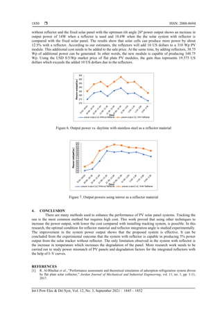  ISSN: 2088-8694
Int J Pow Elec & Dri Syst, Vol. 12, No. 3, September 2021 : 1845 – 1852
1850
without reflector and the fixed solar panel with the optimum tilt angle 26⁰ power output shows an increase in
output power of 14W when a reflector is used and 18.6W when the the solar system with reflector is
compared with the fixed solar panel. The results show that solar cells can produce more power by about
12.5% with a reflector. According to our estimates, the reflectors will add 10 US dollars to a 310 Wp PV
module. This additional cost needs to be added to the sale price. At the same time, by adding reflectors, 38.75
Wp of additional power can be generated. In other words, the new module is capable of producing 348.75
Wp. Using the USD 0.5/Wp market price of flat plate PV modules, the gain thus represents 19.375 US
dollars which exceeds the added 10 US dollars due to the reflectors.
Figure 6. Output power vs. daytime with stainless steel as a reflector material
Figure 7. Output powers using mirror as a reflector material
4. CONCLUSION
There are many methods used to enhance the performance of PV solar panel systems. Tracking the
sun is the most common method but requires high cost. This work proved that using other techniques to
increase the power output, with lower the cost compared with installing tracking system, is possible. In this
research, the optimal condition for reflector material and reflector integration angle is studied experimentally.
The improvement in the system power output shows that the proposed system is effective. It can be
concluded from the experimental outcome that the system with reflector is capable in producing 5% power
output from the solar tracker without reflector. The only limitation observed in the system with reflector is
the increase in temperature which increases the degradation of the panel. More research work needs to be
carried out to study power mismatch of PV panels and degradation factors for the integrated reflectors with
the help of I–V curves.
REFERENCES
[1] R. Al-Rbaihat et al., “Performance assessment and theoretical simulation of adsorption refrigeration system driven
by flat plate solar collector,” Jordan Journal of Mechanical and Industrial Engineering, vol. 11, no. 1, pp. 1-11,
2017.
 