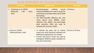 PAST EFFORTS IN FLOOD FORECASTING
Case Study Models used Lead time
1. Chatterjee et al. (2010)
Mahanadi river basin,
. India
• Bootstrap-based artificial neural
networks (BANNs) are used to study the
uncertainty associated with hourly flood
forecasting.
• The Nash–Sutcliffe efficiency (E), root
mean square error (RMSE), mean
absolute error (MAE), and percentage
peak deviation (Pdv) are used to
evaluate the accuracy model.
1-10 hours
2. Roy et al. (2010)
Mahanadi basin, India
• To identify the peak and its related
travel time, both statistical methods and
ANN-based approaches are studied.
• K-mean and Fuzzy C-mean are used to
distinguish different peaks available for
the same travel time.
24 hour to 37 hour
8
 