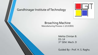 Gandhinagar Institute ofTechnology
Broaching Machine
Mehta Chintan B.
D1-14
3rd SEM. Mech. D
Guided By:- Prof. H. S. Raghu
Manufacturing Process-1 (2131903)
 
