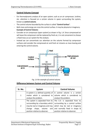 Engineering Thermodynamics (2131905) 1. Basic Concepts
Department of Mechanical Engineering Prepared By: Bhavin J. Vegada
Darshan Institute of Engineering & Technology, Rajkot Page 1.7
Control Volume Concept
 For thermodynamic analysis of an open system, such as an air compressor, turbine,
etc. attention is focused on a certain volume in space surrounding the system,
known as control volume.
 The control volume bounded by the surface is called “Control Surface”.
 Both mass and energy can cross the control surface. It may be physical or imaginary.
Example of Control Volume:
 Consider an air compressor (open system) as shown in Fig. 1.4. Since compressed air
will leave the compressor and be replaced by fresh air, it is not convenient to choose
a fixed mass as our system for the analysis.
 Instead we can concentrate our attention on the volume formed by compressor
surfaces and consider the compressed air and fresh air streams as mass leaving and
entering the control volume.
Fig. 1.4 An example of control volume
Difference between System and Control Volume
Sr. No. System Control Volume
1
A system is a defined quantity of
matter which is considered to
analyze the problem.
A control volume is a certain
volume which is considered to
analyze the problem.
2
The system is separated from its
surrounding by a boundary which
may be real or imaginary and may
change shape, volume and
position relative to observer.
The C.V. is separated from its
surrounding by a control surface
which may be real or imaginary
and normally fixed in shape &
position relative to observer.
 
