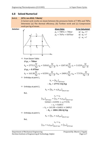 Engineering Thermodynamics (2131905) 6. Vapor Power Cycles
Department of Mechanical Engineering Prepared By: Bhavin J. Vegada
Darshan Institute of Engineering & Technology, Rajkot Page 6.17
6.8 Solved Numerical
Ex 6.1. [GTU; Jun-2010; 7 Marks]
A Carnot cycle works on steam between the pressures limits of 7 MPa and 7KPa.
Determine (a) The thermal efficiency, (b) Turbine work and (c) Compression
work per kg of steam.
Solution: Given Data:
𝑝1 = 7𝑀𝑃𝑎 = 70𝑏𝑎𝑟
𝑝2 = 7𝑘𝑃𝑎 = 0.07𝑏𝑎𝑟
To be Calculated:
a) 𝜂𝑡ℎ =?
b) 𝑤𝑡 =?
c) 𝑤𝑐 =?
 From Steam Table:
@ 𝒑𝟏 = 𝟕𝟎𝒃𝒂𝒓
ℎ𝑔 = 2773.5
𝑘𝐽
𝑘𝑔
, 𝑠𝑔 = 5.8162
𝑘𝐽
𝑘𝑔 − 𝐾
, ℎ𝑓 = 1267.42
𝑘𝐽
𝑘𝑔
, 𝑠𝑓 = 3.1219
𝑘𝐽
𝑘𝑔 − 𝐾
@ 𝒑𝟐 = 𝟎. 𝟎𝟕𝒃𝒂𝒓
ℎ𝑓 = 163.38
𝑘𝐽
𝑘𝑔
, 𝑠𝑓 = 0.5591
𝑘𝐽
𝑘𝑔 − 𝐾
, ℎ𝑓𝑔 = 2409.2
𝑘𝐽
𝑘𝑔
, 𝑠𝑓𝑔 = 7.7176
𝑘𝐽
𝑘𝑔 − 𝐾
 Enthalpy at point 1,
ℎ1 = (ℎ𝑔1)
@70 𝑏𝑎𝑟
∴ 𝒉𝟏 = 𝟐𝟕𝟕𝟑. 𝟓 𝒌𝑱/𝒌𝒈
 Enthalpy at point 2,
ℎ2 = (ℎ𝑓2 + 𝑥2ℎ𝑓𝑔2)
@0.07 𝑏𝑎𝑟
But,
𝑠1 = 𝑠2
(𝑠𝑔1)
@70 𝑏𝑎𝑟
= (𝑠𝑓2 + 𝑥2𝑠𝑓𝑔2)
@0.07 𝑏𝑎𝑟
5.8162 = 0.5591 + 𝑥27.7176
∴ 𝑥2 = 0.6811
∴ ℎ2 = 163.38 + 0.6811 × 2409.2
∴ 𝒉𝟐 = 𝟏𝟖𝟎𝟒. 𝟐𝟖𝟔 𝒌𝑱/𝒌𝒈
 Enthalpy at point 3,
ℎ3 = (ℎ𝑓3 + 𝑥3ℎ𝑓𝑔3)
@0.07 𝑏𝑎𝑟
But,
𝑠3 = 𝑠4
(𝑠𝑓3 + 𝑥3𝑠𝑓𝑔3)
@0.07 𝑏𝑎𝑟
= (𝑠𝑓4)
@70 𝑏𝑎𝑟
 