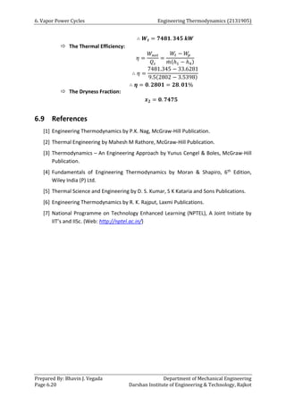 6. Vapor Power Cycles Engineering Thermodynamics (2131905)
Prepared By: Bhavin J. Vegada Department of Mechanical Engineering
Page 6.20 Darshan Institute of Engineering & Technology, Rajkot
∴ 𝑾𝒕 = 𝟕𝟒𝟖𝟏. 𝟑𝟒𝟓 𝒌𝑾
 The Thermal Efficiency:
𝜂 =
𝑊𝑛𝑒𝑡
𝑄𝑠
=
𝑊𝑡 − 𝑊
𝑝
𝑚
̇ (ℎ1 − ℎ4)
∴ 𝜂 =
7481.345 − 33.6281
9.5(2802 − 3.5398)
∴ 𝜼 = 𝟎. 𝟐𝟖𝟎𝟏 = 𝟐𝟖. 𝟎𝟏%
 The Dryness Fraction:
𝒙𝟐 = 𝟎. 𝟕𝟒𝟕𝟓
6.9 References
[1] Engineering Thermodynamics by P.K. Nag, McGraw-Hill Publication.
[2] Thermal Engineering by Mahesh M Rathore, McGraw-Hill Publication.
[3] Thermodynamics – An Engineering Approach by Yunus Cengel & Boles, McGraw-Hill
Publication.
[4] Fundamentals of Engineering Thermodynamics by Moran & Shapiro, 6th Edition,
Wiley India (P) Ltd.
[5] Thermal Science and Engineering by D. S. Kumar, S K Kataria and Sons Publications.
[6] Engineering Thermodynamics by R. K. Rajput, Laxmi Publications.
[7] National Programme on Technology Enhanced Learning (NPTEL), A Joint Initiate by
IIT’s and IISc. (Web: http://nptel.ac.in/)
 