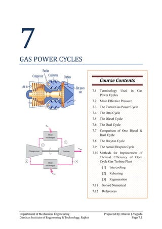 Department of Mechanical Engineering Prepared By: Bhavin J. Vegada
Darshan Institute of Engineering & Technology, Rajkot Page 7.1
7
GAS POWER CYCLES
Course Contents
7.1 Terminology Used in Gas
Power Cycles
7.2 Mean Effective Pressure
7.3 The Carnot Gas Power Cycle
7.4 The Otto Cycle
7.5 The Diesel Cycle
7.6 The Dual Cycle
7.7 Comparison of Otto Diesel &
Dual Cycle
7.8 The Brayton Cycle
7.9 The Actual Brayton Cycle
7.10 Methods for Improvement of
Thermal Efficiency of Open
Cycle Gas Turbine Plant
[1] Intercooling
[2] Reheating
[3] Regeneration
7.11 Solved Numerical
7.12 References
 