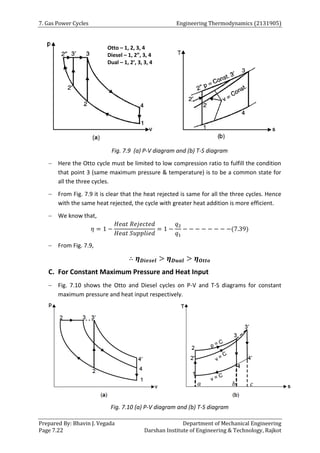 7. Gas Power Cycles Engineering Thermodynamics (2131905)
Prepared By: Bhavin J. Vegada Department of Mechanical Engineering
Page 7.22 Darshan Institute of Engineering & Technology, Rajkot
Fig. 7.9 (a) P-V diagram and (b) T-S diagram
 Here the Otto cycle must be limited to low compression ratio to fulfill the condition
that point 3 (same maximum pressure & temperature) is to be a common state for
all the three cycles.
 From Fig. 7.9 it is clear that the heat rejected is same for all the three cycles. Hence
with the same heat rejected, the cycle with greater heat addition is more efficient.
 We know that,
𝜂 = 1 −
𝐻𝑒𝑎𝑡 𝑅𝑒𝑗𝑒𝑐𝑡𝑒𝑑
𝐻𝑒𝑎𝑡 𝑆𝑢𝑝𝑝𝑙𝑖𝑒𝑑
= 1 −
𝑞2
𝑞1
− − − − − − − −(7.39)
 From Fig. 7.9,
∴ 𝜼𝑫𝒊𝒆𝒔𝒆𝒍 > 𝜼𝑫𝒖𝒂𝒍 > 𝜼𝑶𝒕𝒕𝒐
C. For Constant Maximum Pressure and Heat Input
 Fig. 7.10 shows the Otto and Diesel cycles on P-V and T-S diagrams for constant
maximum pressure and heat input respectively.
Fig. 7.10 (a) P-V diagram and (b) T-S diagram
Otto – 1, 2, 3, 4
Diesel – 1, 2”, 3, 4
Dual – 1, 2’, 3, 3, 4
𝑎 𝑏 𝑐
 