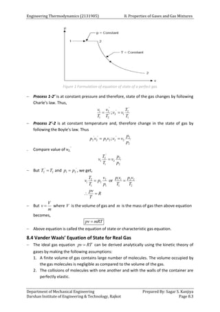 Engineering Thermodynamics (2131905) 8. Properties of Gases and Gas Mixtures
Department of Mechanical Engineering Prepared By: Sagar S. Kanjiya
Darshan Institute of Engineering & Technology, Rajkot Page 8.3
Figure 1 Formulation of equation of state of a perfect gas
 Process 1-2’ is at constant pressure and therefore, state of the gas changes by following
Charle’s law. Thus,
' '
'
1 2 2
2 1
'
1 2 1
;
v v T
v v
T T T
 
 Process 2’-2 is at constant temperature and, therefore change in the state of gas by
following the Boyle’s law. Thus
' ' ' 2
2 2 2 2 2 2 '
2
;
p
p v p v v v
p
 
 Compare value of v2,
’
'
2 2
1 2 '
1 2
T p
v v
T p

 But '
2 2
T T
 and '
1 2
p p
 , we get,
2 2 1 1 2 2
1 2
1 1 1 2
or
T v p v p v
v p
T p T T
pv
R
T
 
 
 But
V
v
m
 where V is the volume of gas and m is the mass of gas then above equation
becomes,
pv mRT

 Above equation is called the equation of state or characteristic gas equation.
8.4 Vander Waals’ Equation of State for Real Gas
 The ideal gas equation pv RT
 can be derived analytically using the kinetic theory of
gases by making the following assumptions:
1. A finite volume of gas contains large number of molecules. The volume occupied by
the gas molecules is negligible as compared to the volume of the gas.
2. The collisions of molecules with one another and with the walls of the container are
perfectly elastic.
 