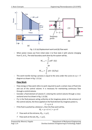 1. Basic Concepts Engineering Thermodynamics (2131905)
Prepared By: Bhavin J. Vegada Department of Mechanical Engineering
Page 1.14 Darshan Institute of Engineering & Technology, Rajkot
Fig. 1.11 (a) Displacement work and (b) Flow work
 When piston moves out from initial state 1 to final state 2 with volume changing
from 𝑉1 to 𝑉2, The total boundary work done by the system will be,
𝑊1−2 = ∫ 𝑝𝑑𝑉
𝑉2
𝑉1
(𝑘𝐽)
𝒐𝒓
𝑊1−2 = ∫ 𝑝𝑑𝑣
𝑉2
𝑉1
(𝑘𝐽/𝑘𝑔)
 This work transfer during a process is equal to the area under the curve on a 𝑝 − 𝑉
diagram as shown in Fig. 1.11 (a).
Flow Work
 Flow energy or flow work refers to work required to push a certain mass of fluid into
and out of the control volume. It is necessary for maintaining continuous flow
through a control volume.
 Consider a fluid element of volume 𝑉, entering the control volume through a cross-
sectional area A as shown in Fig. 1.11 (b).
 If 𝑝 is the fluid pressure acting uniformly at the imaginary piston at the entrance of
the control volume, the force applied on the fluid element by imaginary piston is,
𝐹 = 𝑝 × 𝐴
 If the fluid is pushed by a distance L, then the flow work will be,
𝑊𝑓 = 𝑝 × 𝐴 × 𝐿 = 𝑝 × 𝑉
 Flow work at the entrance, 𝑊𝑓1 = 𝑝1𝑉1
 Flow work at the exit, 𝑊𝑓2 = 𝑝2𝑉2
(a)
(b)
 