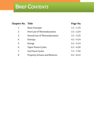 Chapter No. Title Page No.
1 Basic Concepts 1.1 – 1.15
2 First Law of Thermodynamics 2.1 – 2.24
3 Second Law of Thermodynamics 3.1 – 3.25
4 Entropy 4.1 – 4.14
5 Energy 5.1 – 5.14
6 Vapor Power Cycles 6.1 – 6.20
7 Gas Power Cycles 7.1 – 7.42
8 Property of Gases and Mixtures 8.1 – 8.12
BRIEF CONTENTS
 