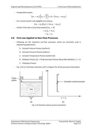 Engineering Thermodynamics (2131905) 2. First Law of Thermodynamics
Department of Mechanical Engineering Prepared By: Bhavin J. Vegada
Darshan Institute of Engineering & Technology, Rajkot Page 2.19
 Energy balance gives,
(𝑚𝑖 − 𝑚𝑓) (ℎ𝑝 +
𝐶𝑝
2
2
) + 𝑄 = (𝑚𝑖𝑢𝑖 − 𝑚𝑓𝑢𝑓)
 For no heat transfer and negligible exit velocity,
(𝑚𝑖 − 𝑚𝑓)(ℎ𝑝) = (𝑚𝑖𝑢𝑖 − 𝑚𝑓𝑢𝑓)
 Further if the tank is to be fully emptied (𝑚𝑓 = 0)
∴ 𝑚𝑖ℎ𝑝 = 𝑚𝑖𝑢𝑖
∴ ℎ𝑝 = 𝑢𝑖
2.8 First Law Applied to Non Flow Processes
 Following are the important non-flow processes, which are commonly used in
engineering applications:
A. Constant Volume Process (Isochoric)
B. Constant Pressure Process (Isobaric)
C. Constant Temperature Process (Isothermal)
D. Adiabatic Process (𝑄 = 0) or Isentropic Process (Reversible Adiabatic; 𝑆 = 𝐶)
E. Polytropic Process
 Fig. 2.15 to 2.19 shows schematic and P-v diagram for all the processes listed above.
Fig. 2.15 Constant volume process (Isochoric)
 